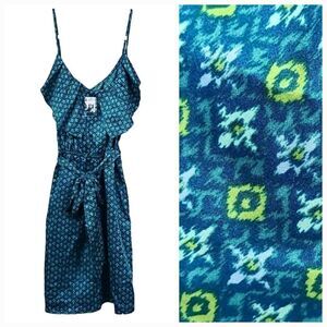 Gap NWT Teal Strappy Ruffle V-Neck Luxe Dress Tile Print Tie Belt Women's Large